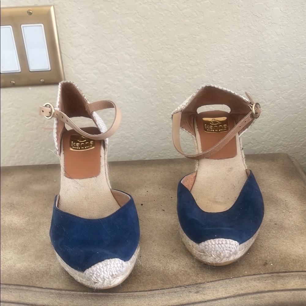 Kanna Blue and Tan Espadrilles with Wedge Heel and Ankle Strap
